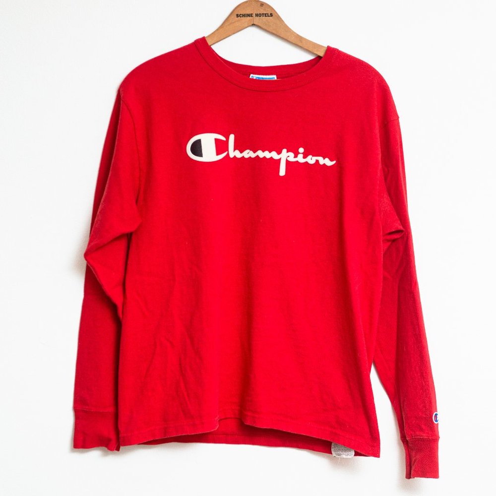 Vintage Red 90s Champion Spell Out logo Long Sleeve Shirt Size S